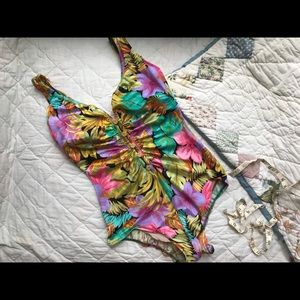 90’s Size Medium Gold Toned Floral Swimsuit
